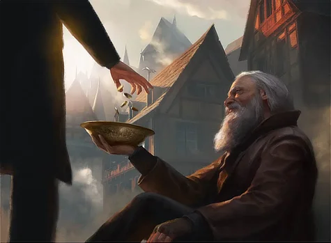 An illustration of an old homeless man happily receiving coins from a passerby