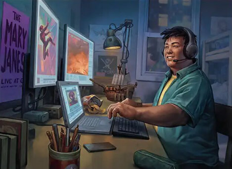 An illustration of a man at a desk using multiple computers