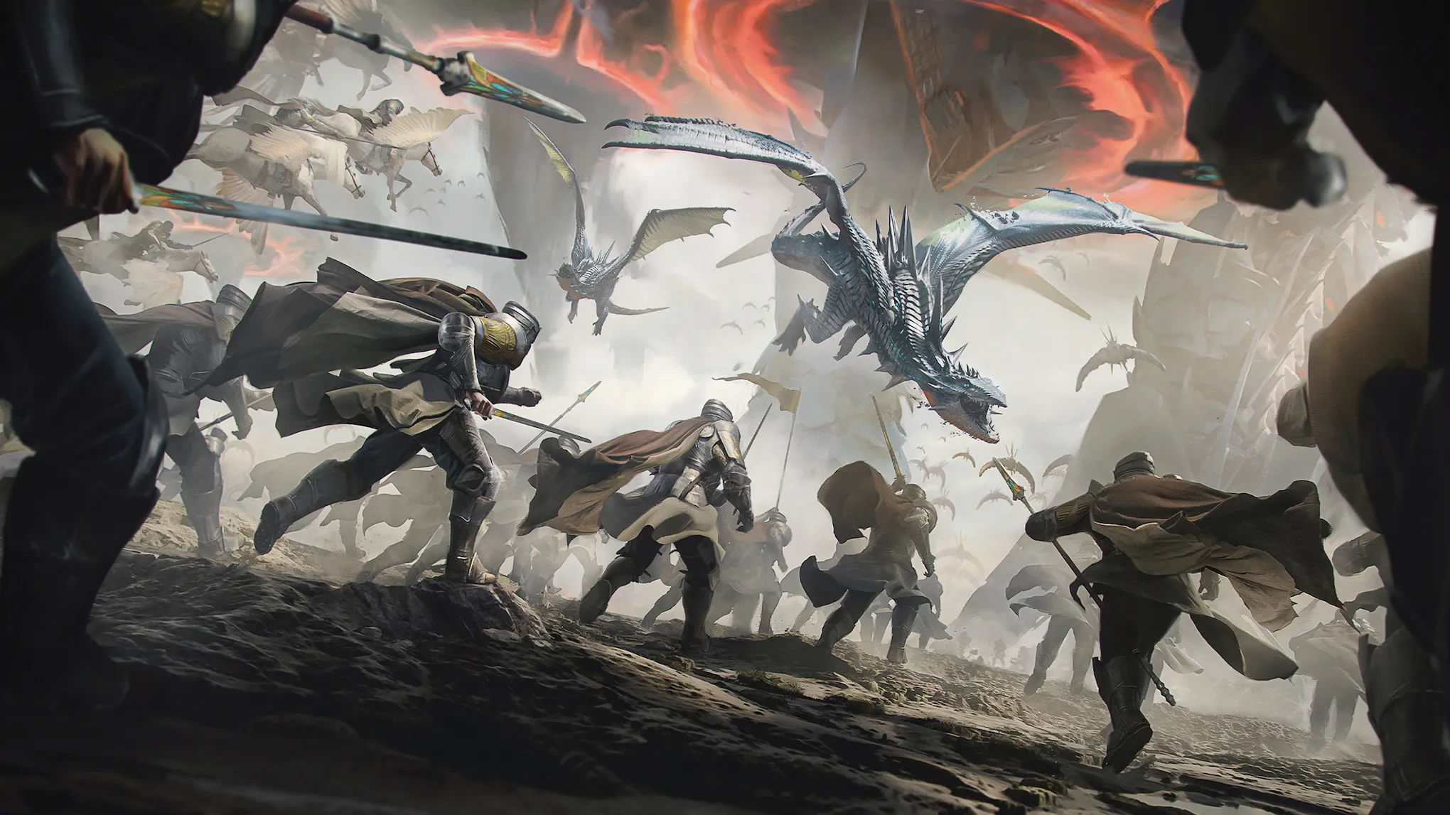 An illustration of an epic medieval fantasy battle between infantry and dragons