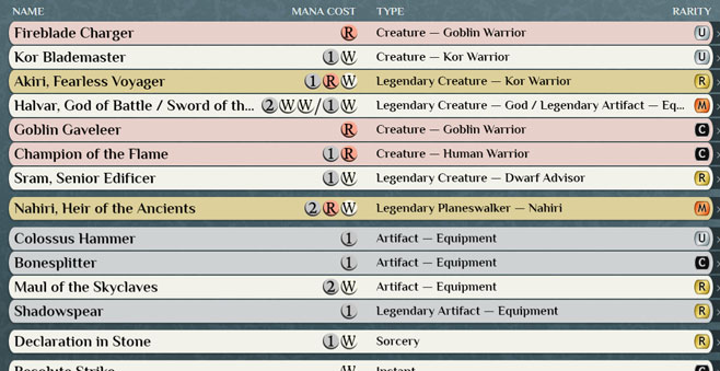 Screenshot Snippet of card list