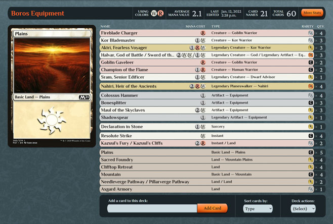 Screenshot Snippet of the List Editor mode on MTG Carpenter