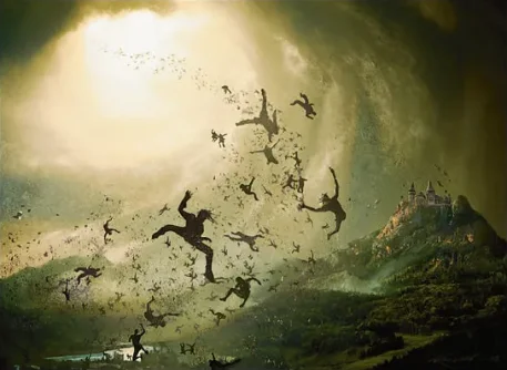 An illustration of a crowd of people getting sucked upward into a glowing, stormy sky
