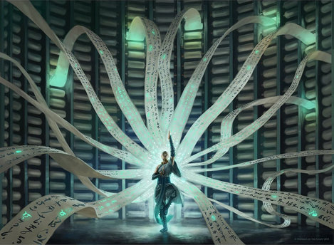 An illustration of a monk magically moving many scrolls from glowing slots among many huge shelves of scrolls