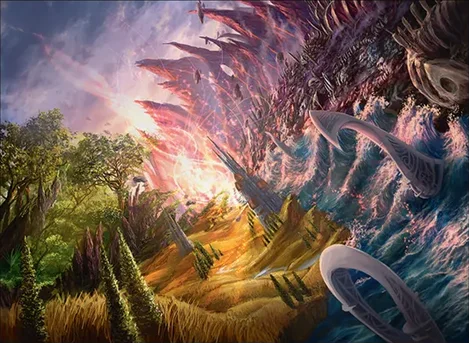 An illustration of a landscape magically transforming into various types of terrain, with a burst of light emanating from the center