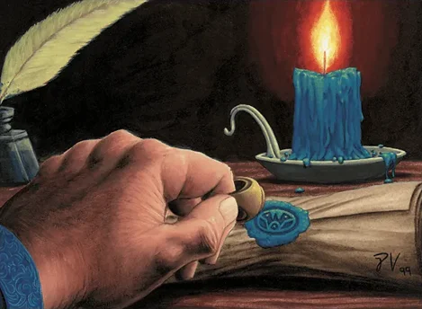 An illustration of a man's hand pressing a wax seal onto a scroll by candlelight