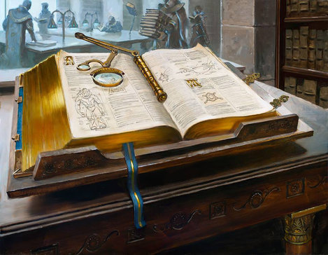 An illustration of a huge book, opened to pages displaying detailed diagrams